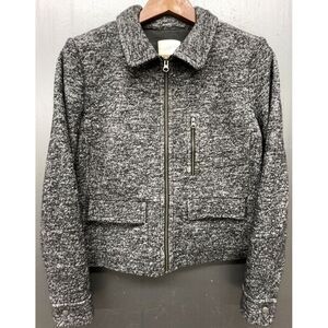 Ann‎ Taylor Loft Wool Sweater L Black White Marled Full Zip Cropped Lined Jacket